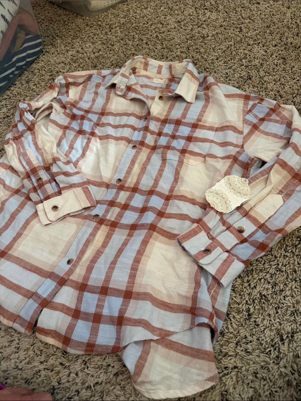 Altar'd State Blue and Rust Plaid Button-Down Shirt